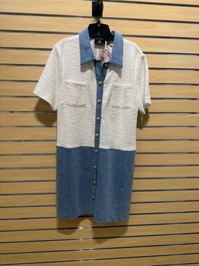 G by Giuliana Cream & Blue Block Knit Polo Midi Dress